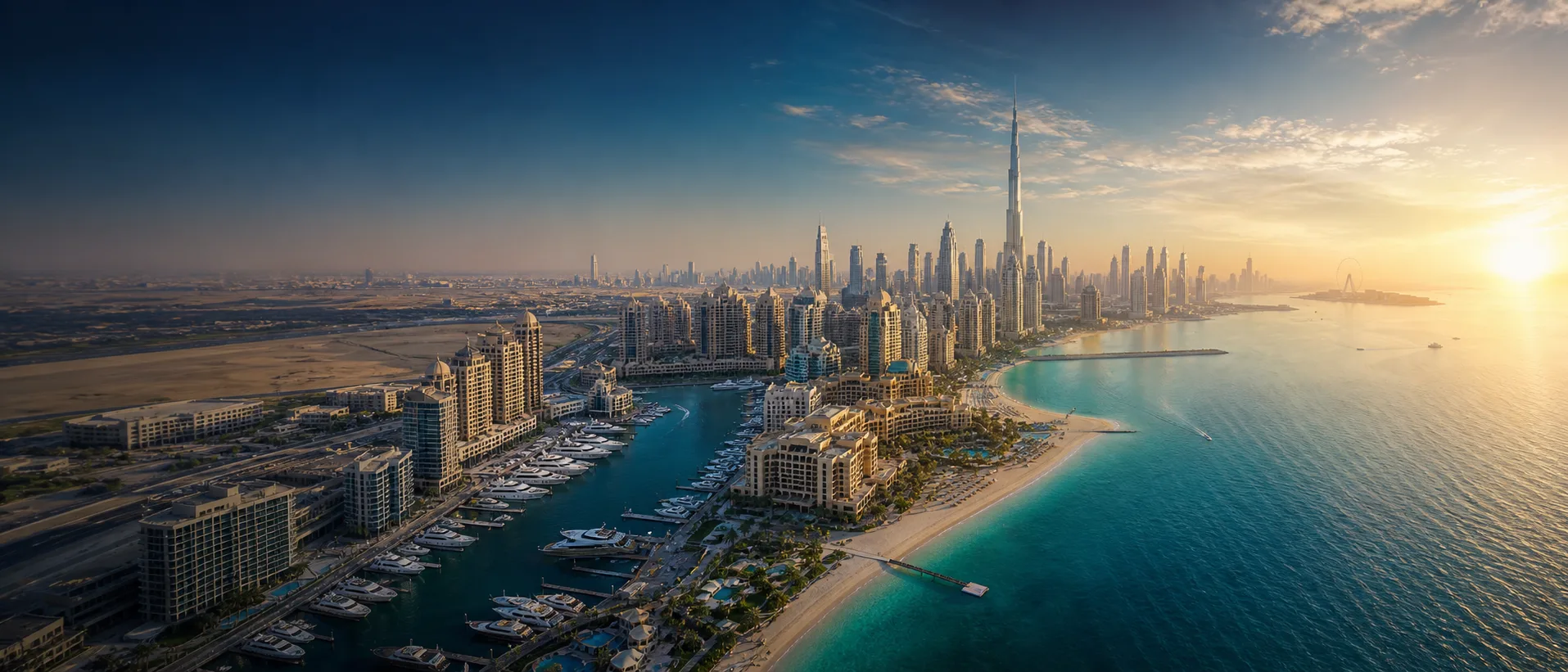Dubai skyline, coast, and marina